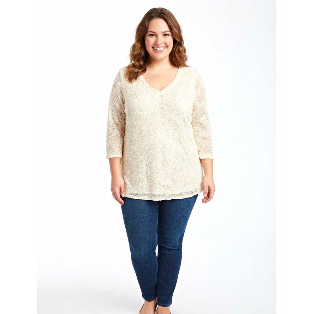 Lane Bryant Womens Tunic Plus 22/24 Ivory Lace V-Neck 3/4 Sleeve pullover boho